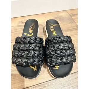 Sam Edelman Ainslie Black Open Round Toe Braided Straps Flat Slide Sandals